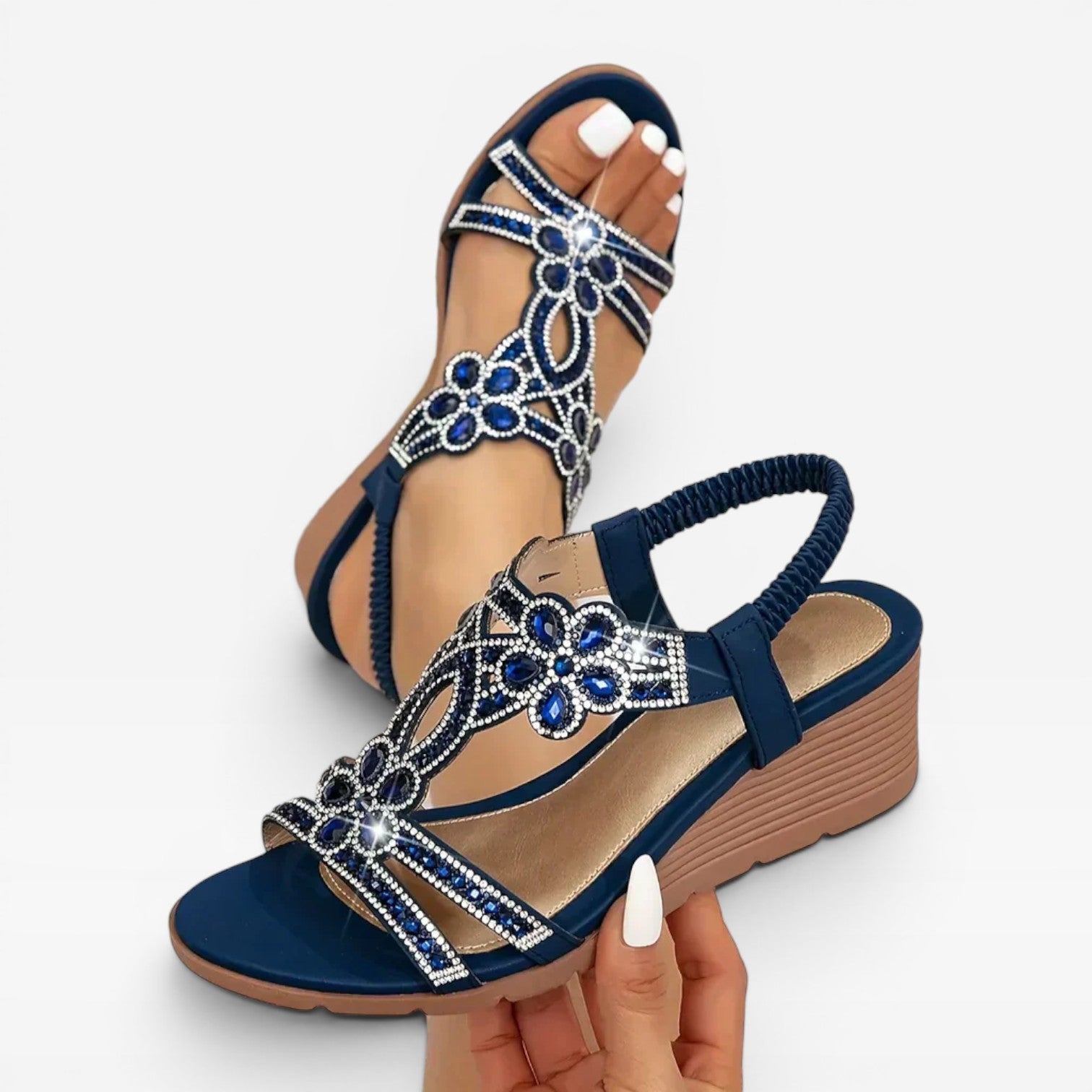 Women's Boho Embellished Wedge Sandals – Crystal Strap Open Toe Summer Style