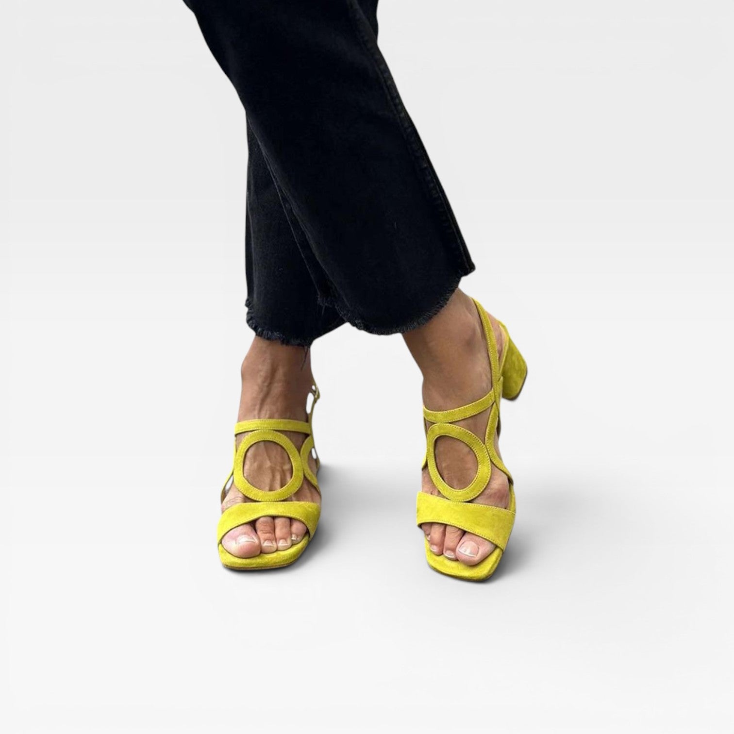 Women's Suede Cutout Sandals – Circle Detail Block Heel Ankle Strap Shoes