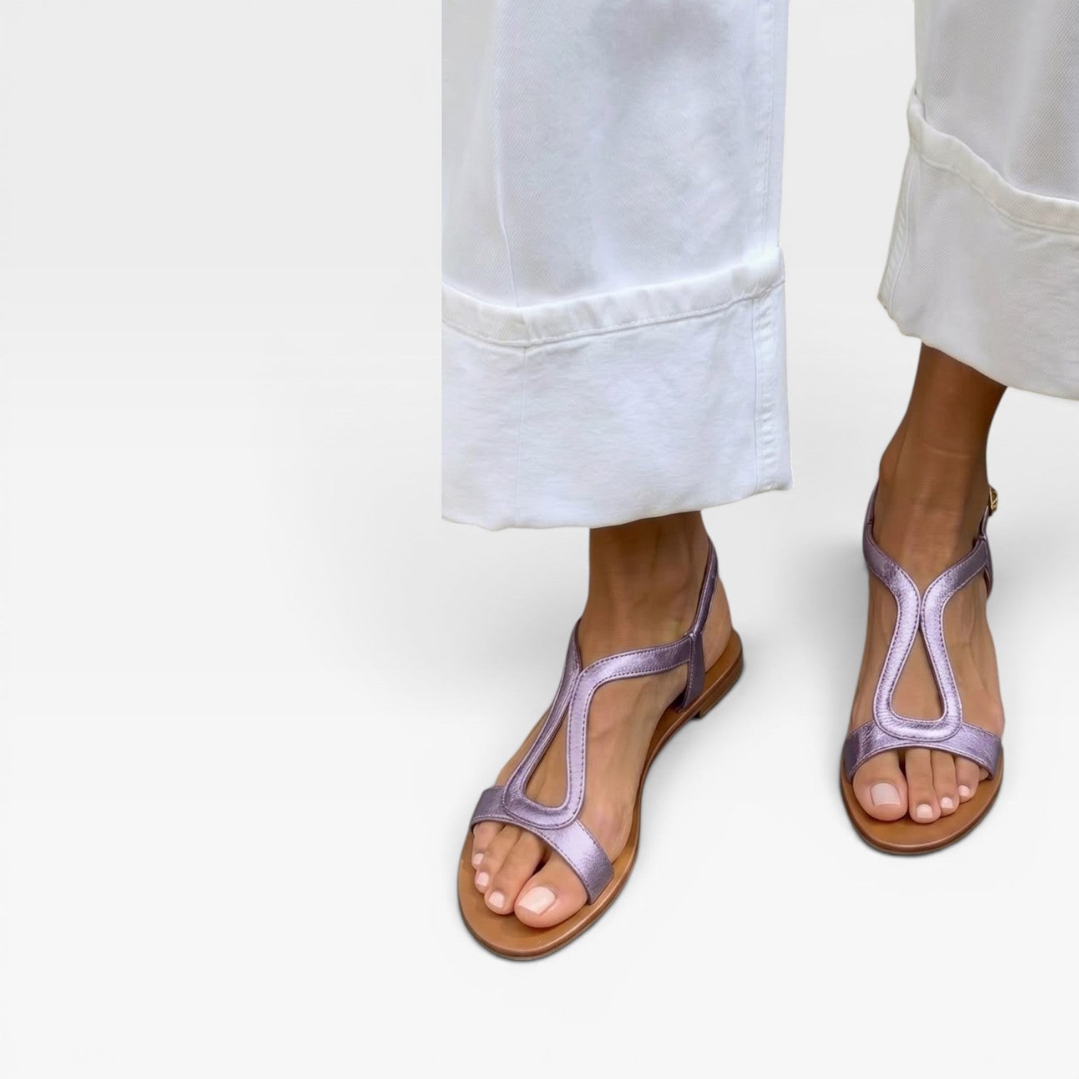 Women's Metallic Leather Sandals – Sculptural Strap Slingback Flats