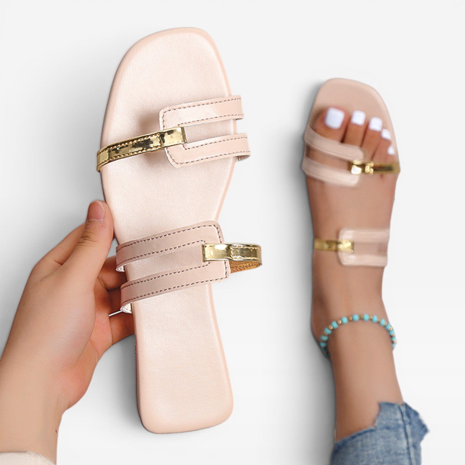 Sandales plates à enfiler pour femmes – Style estival élégant à deux brides et bout carré
