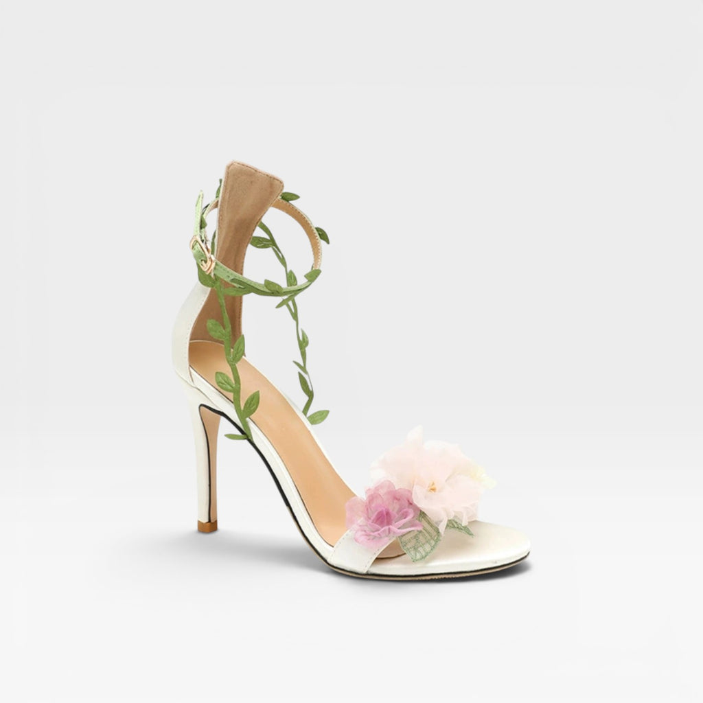 Women's Sheepskin Crystal Flower Heels – Elegant Leaf Wrap Ankle Stiletto Sandals for Special Occasions