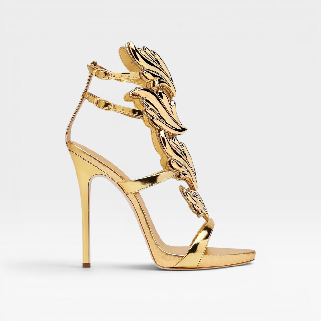 Women's Gold Sculptural Heels – Elegant Strappy Stiletto Sandals for Special Occasions