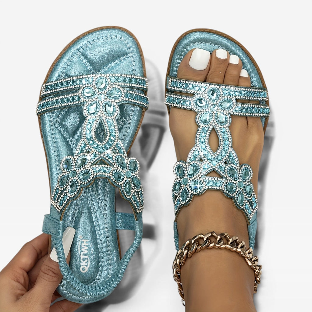 Women's Boho Embellished Flat Sandals – Strappy Open Toe Summer Style