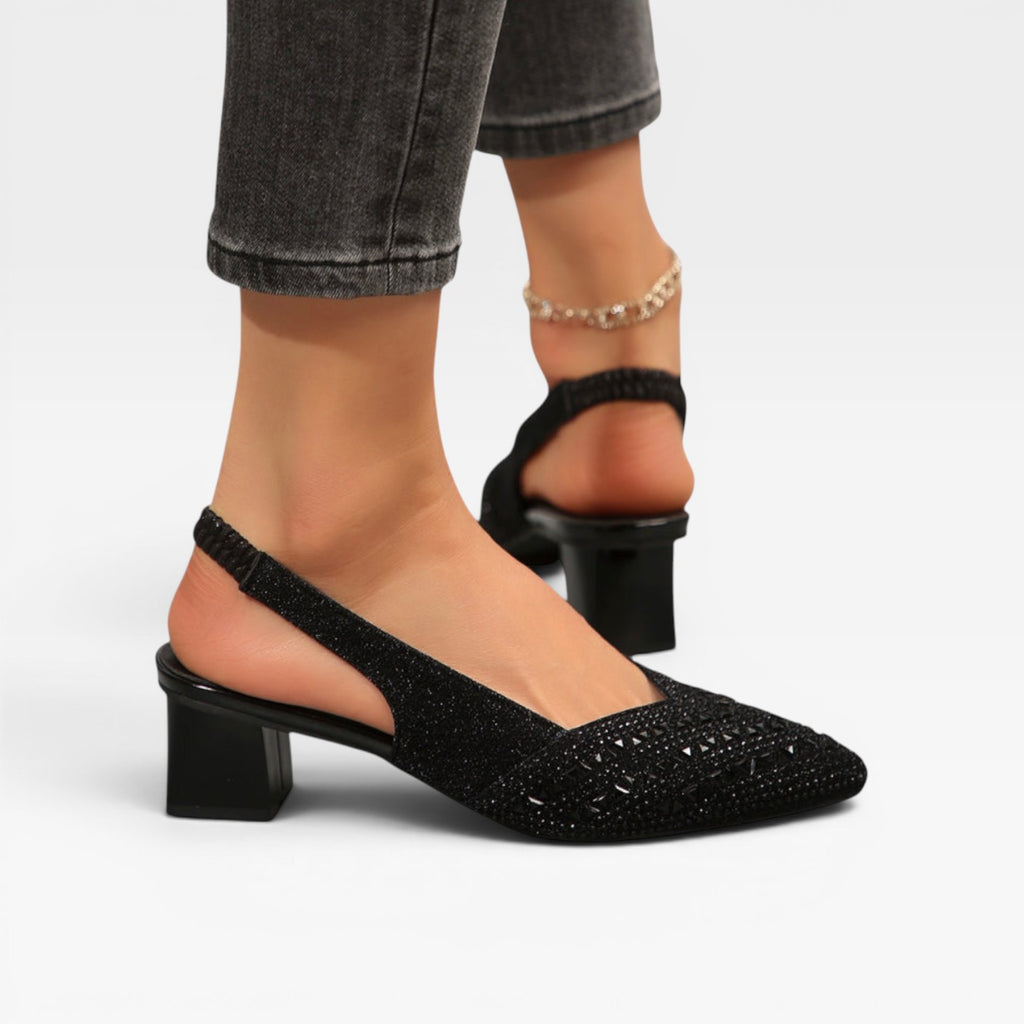 Escarpins à talons blocs avec bride arrière ornés de strass pour femmes – Chaussures de mariage étincelantes en cristal