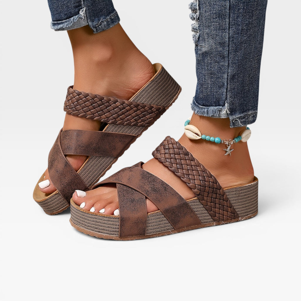 Women's Boho Wedge Sandals – Woven Cross Strap Slip On Summer Mules