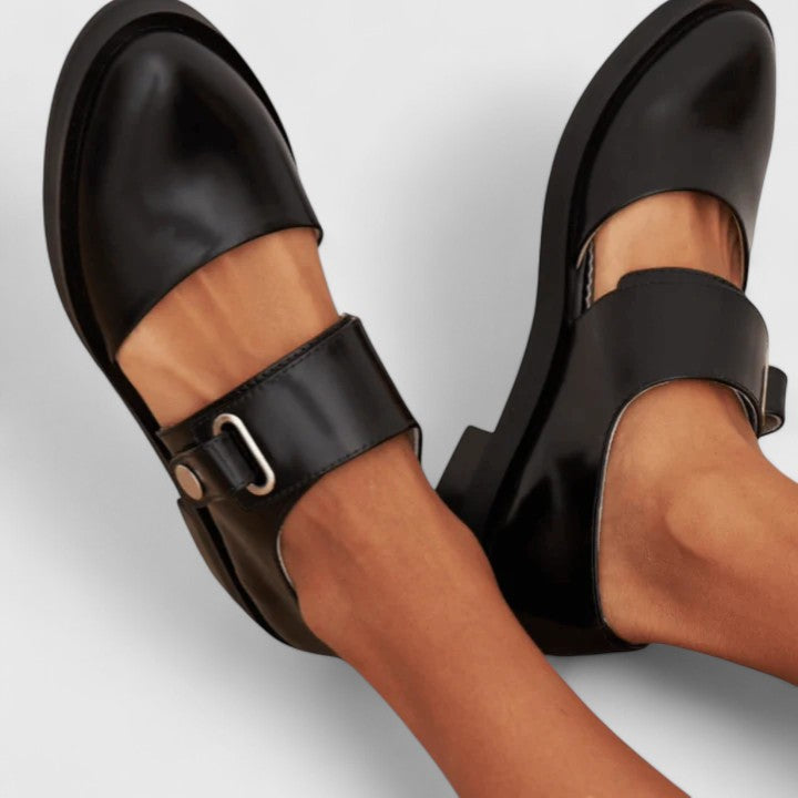 Women's Leather Mary Jane Flats – Minimalist Buckle Strap Shoes