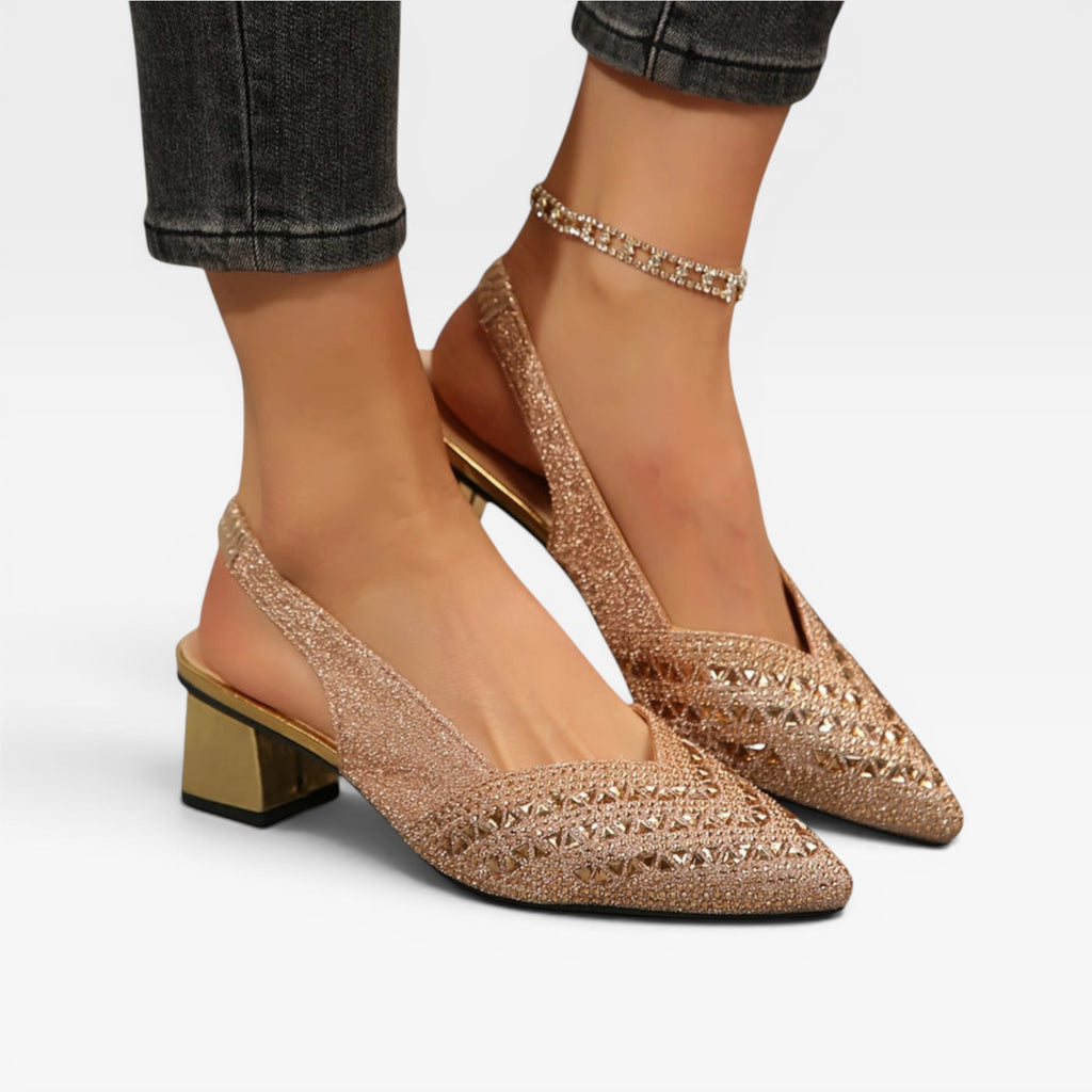 Escarpins à talons blocs avec bride arrière ornés de strass pour femmes – Chaussures de mariage étincelantes en cristal