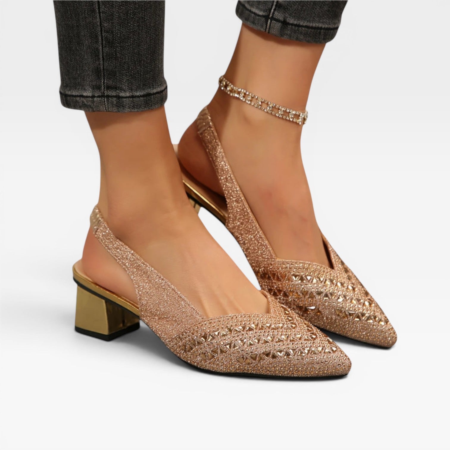 Escarpins à talons blocs avec bride arrière ornés de strass pour femmes – Chaussures de mariage étincelantes en cristal