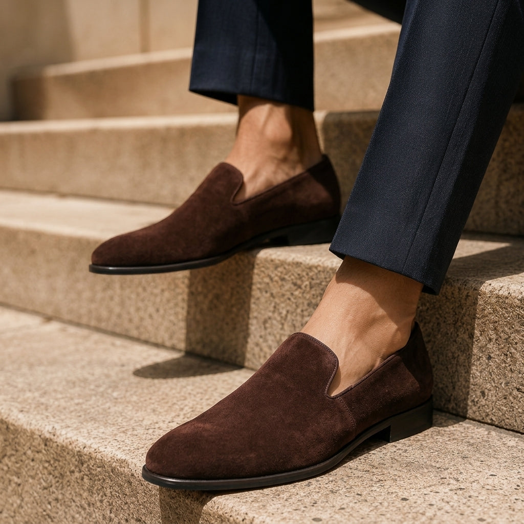 Men's Genuine Suede Leather Slipper Loafers – Sleek Almond Toe Evening Slip On Shoes