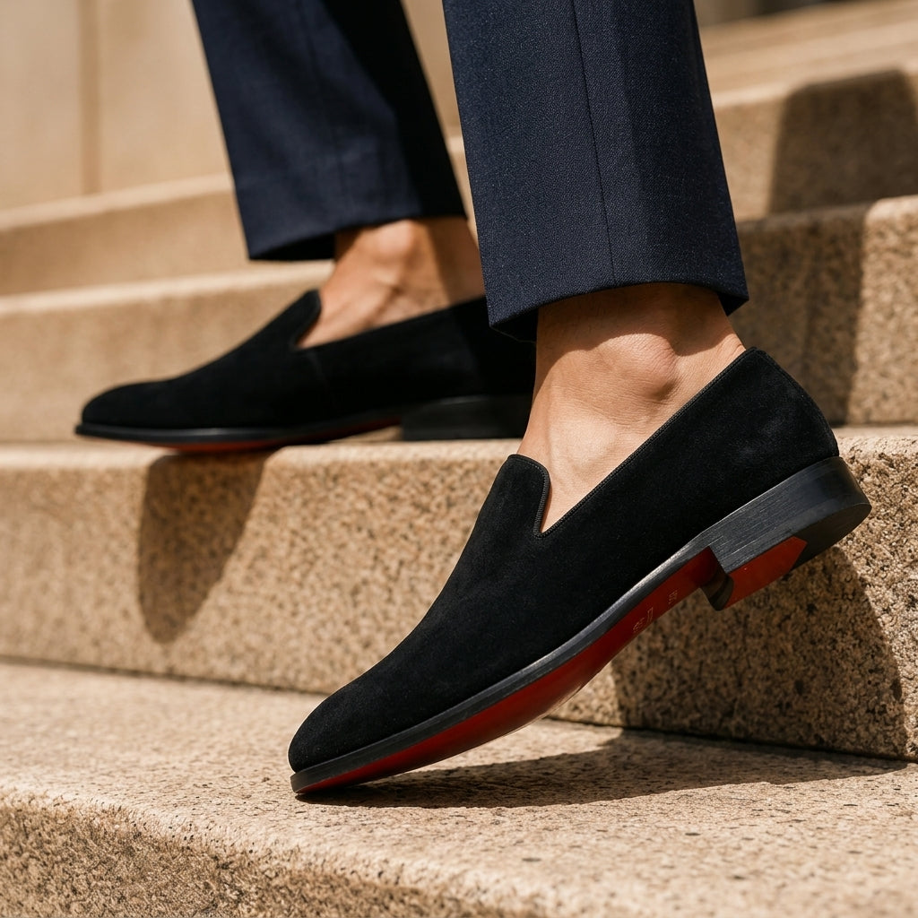 Mocassins pour hommes en cuir suédé véritable – Chaussures de soirée élégantes à bout amande, à enfiler  