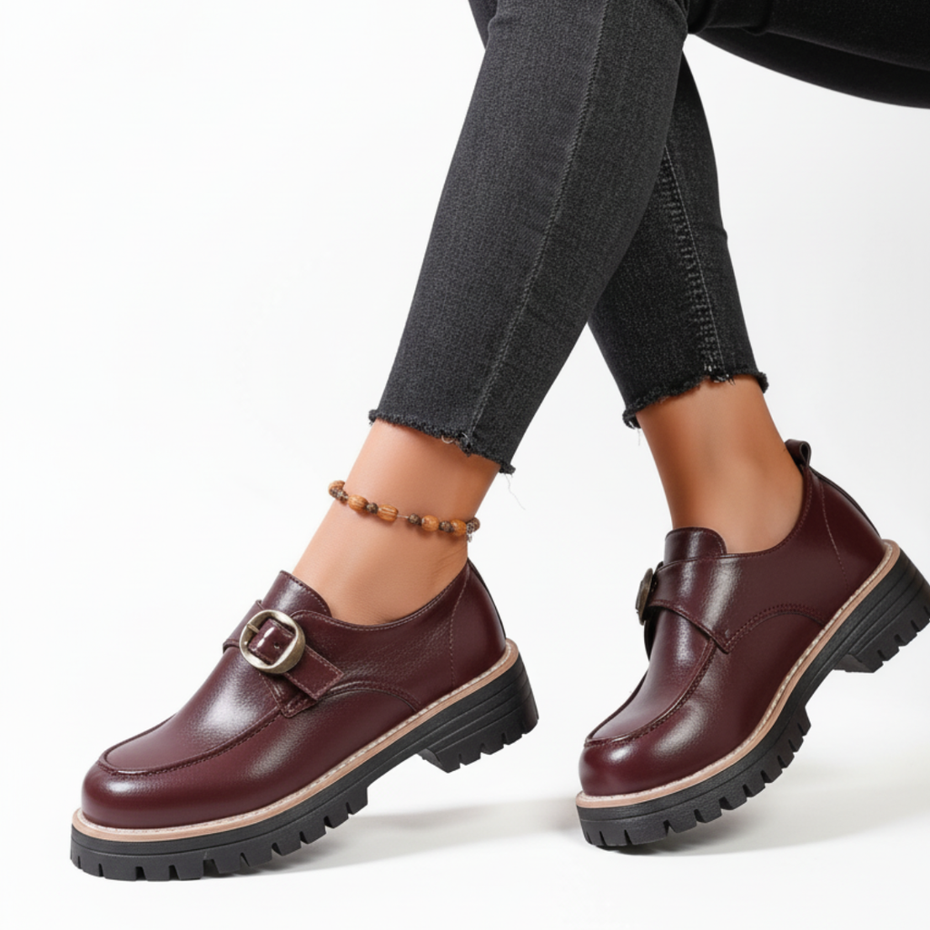 Women's Leather Monk Strap Loafers – Chunky Sole Buckle Shoes
