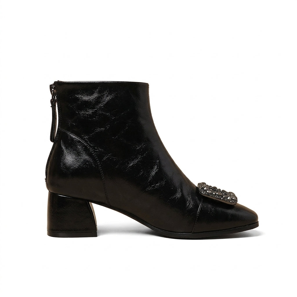 Women's Elegant Square-Toe Leather Heeled Ankle Boots