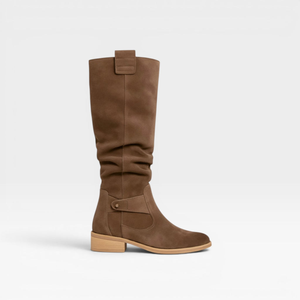 Women's Knee High Suede Boots – Elegant Buckle Detail Block Heel for Everyday and Special Occasions