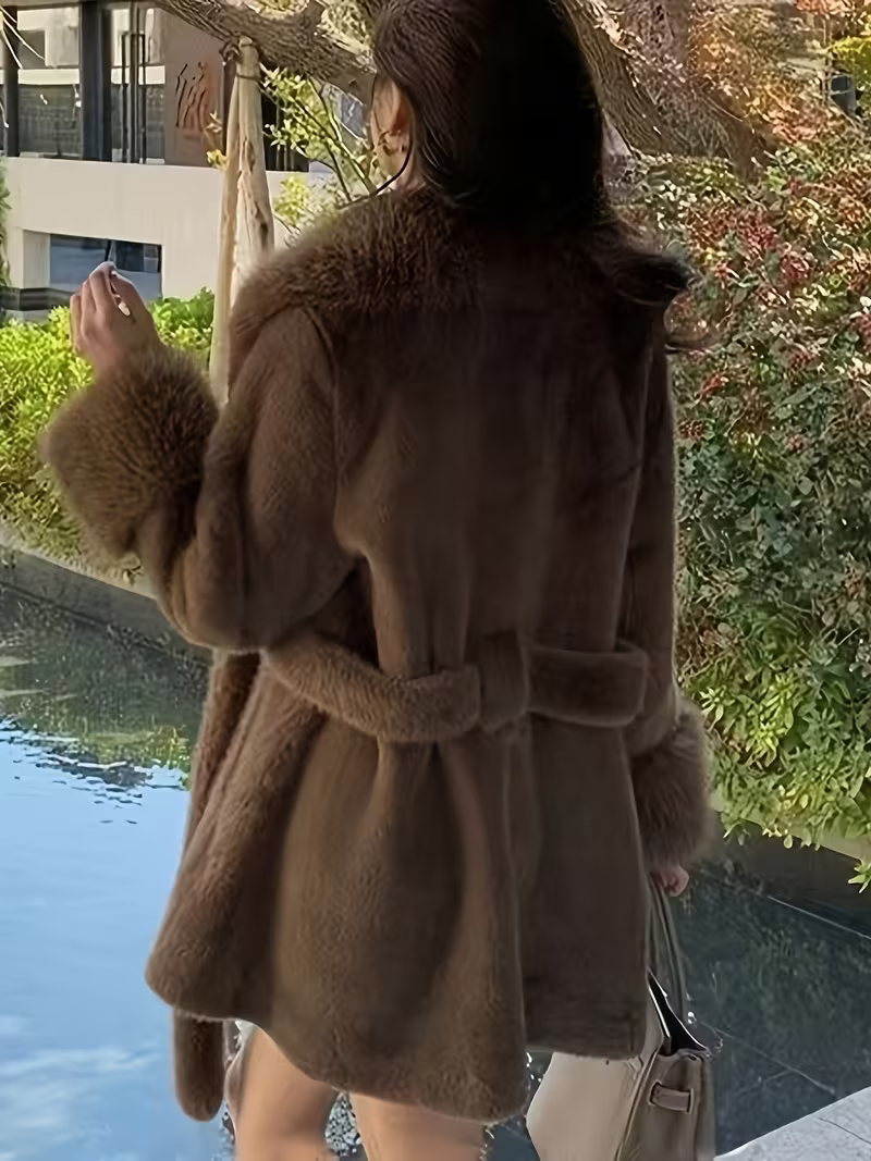 Women's Elegant Faux Fur Collar Belted Coat