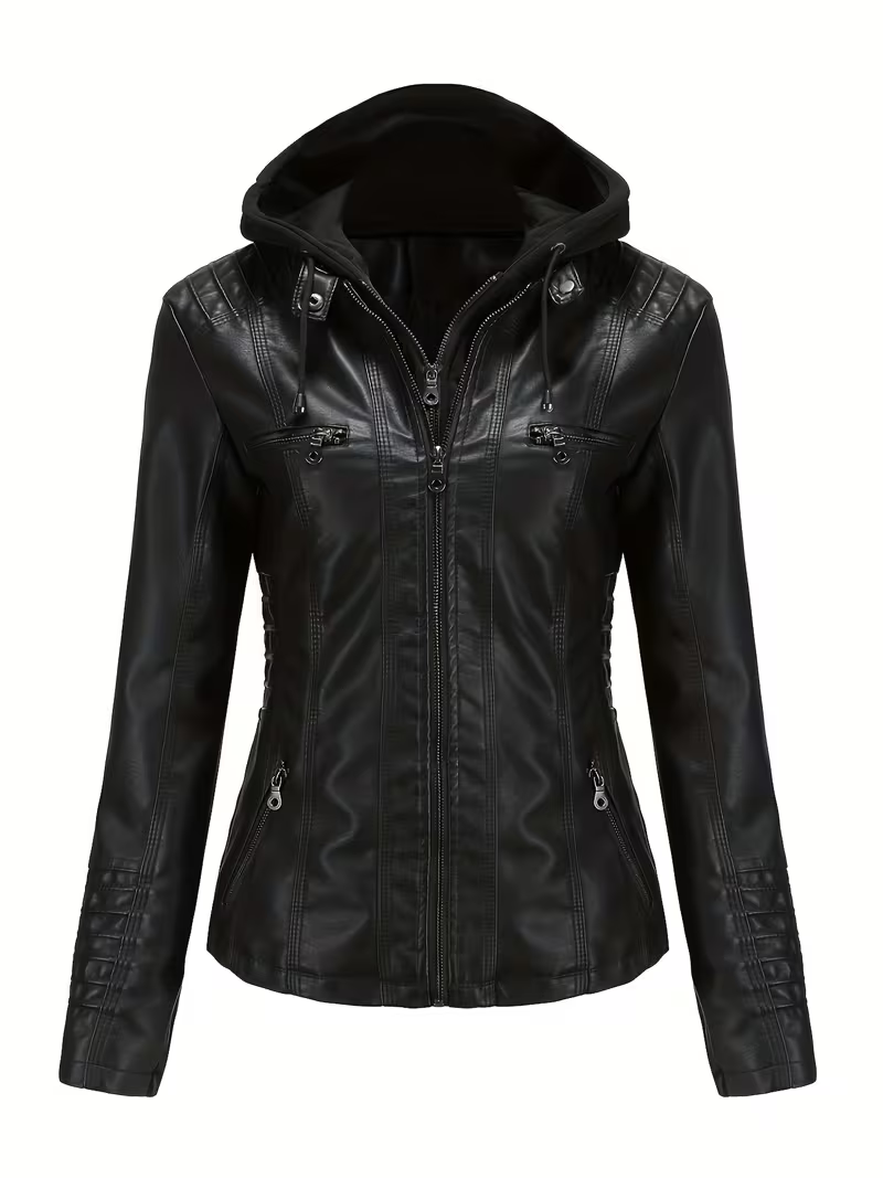 Women's Sleek Hooded Faux Leather Moto Jacket