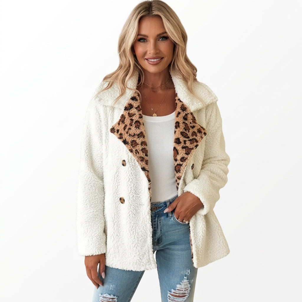 Women's Cosy Leopard-Trim Teddy Coat