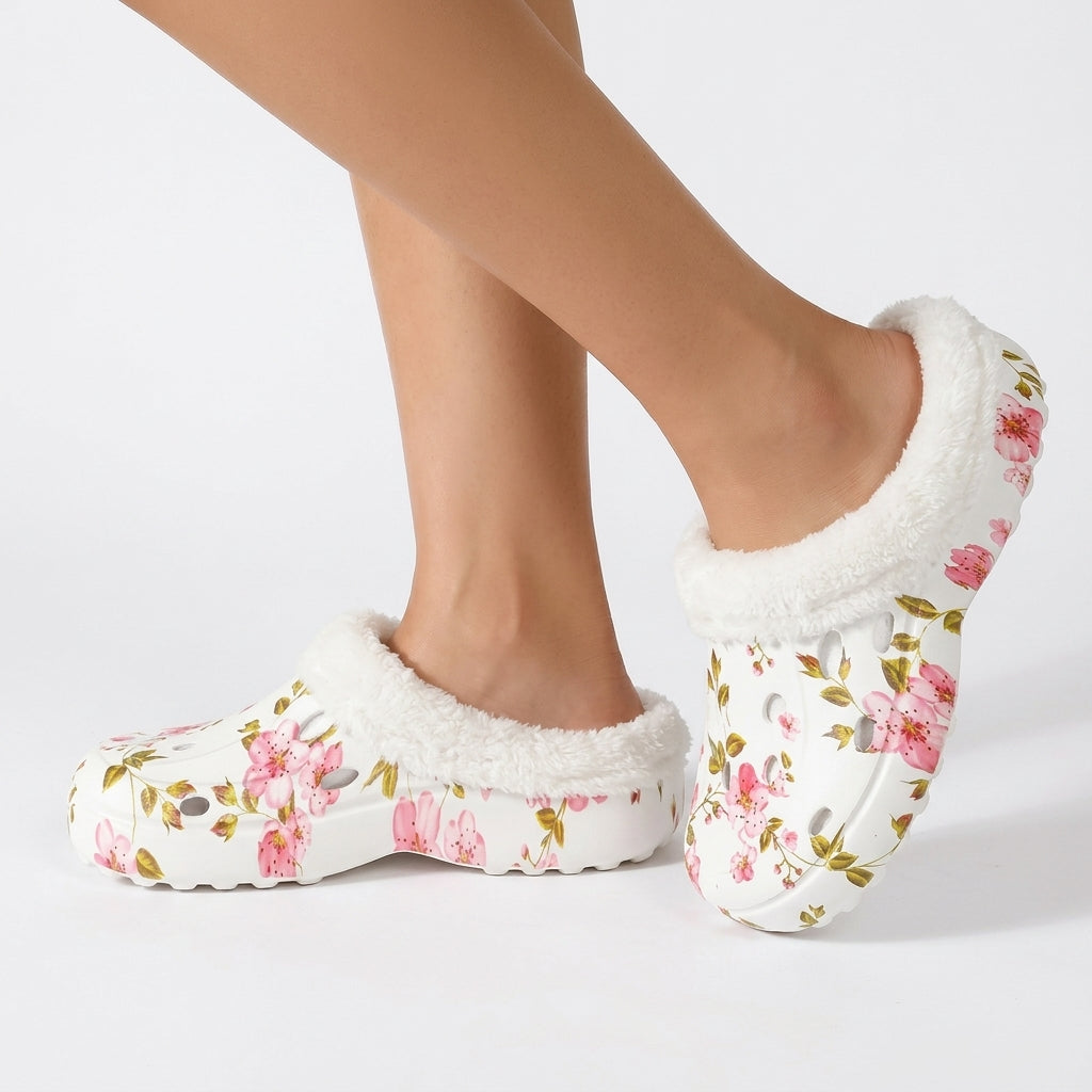 Women's Cosy Fleece-Lined Floral Clog Slippers