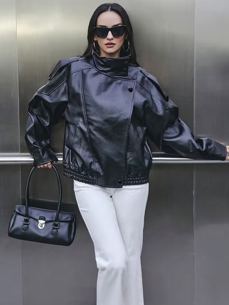 Women's Sophisticated Oversized Faux Leather Biker Jacket