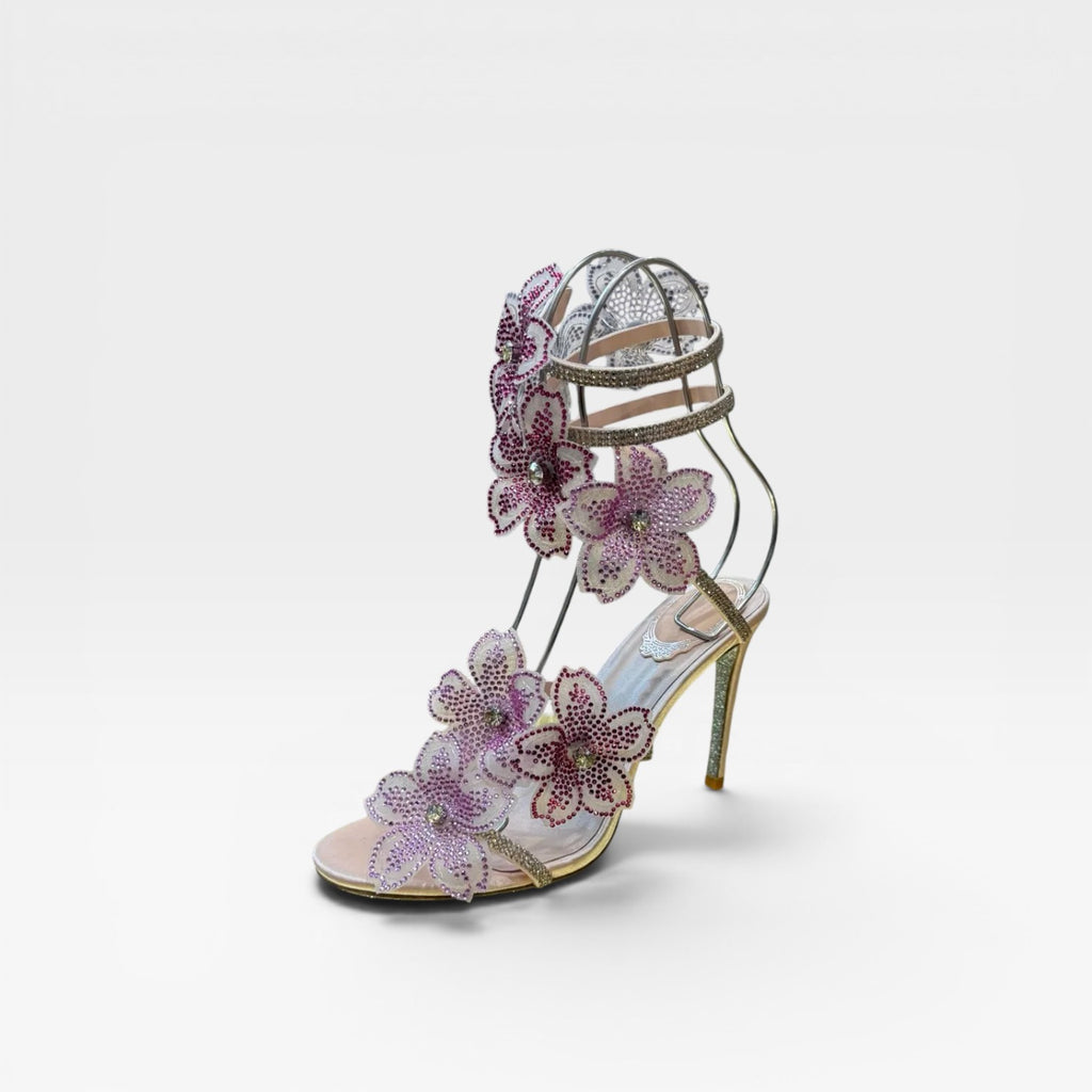 Women's Crystal Flower Heels – Elegant Orchid Wrap Around Ankle Stiletto Sandals for Special Occasions