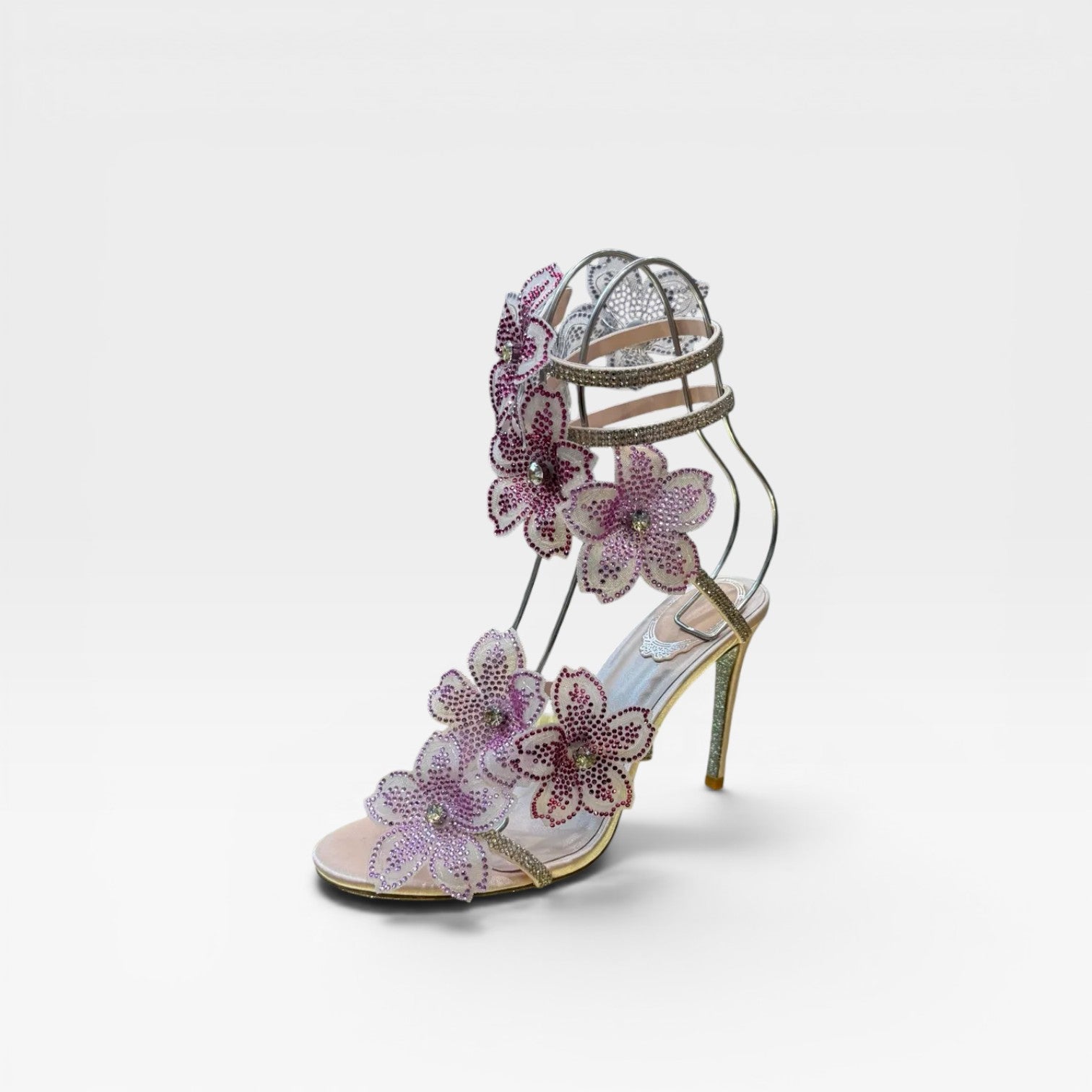 Women's Crystal Flower Heels – Elegant Orchid Wrap Around Ankle Stiletto Sandals for Special Occasions