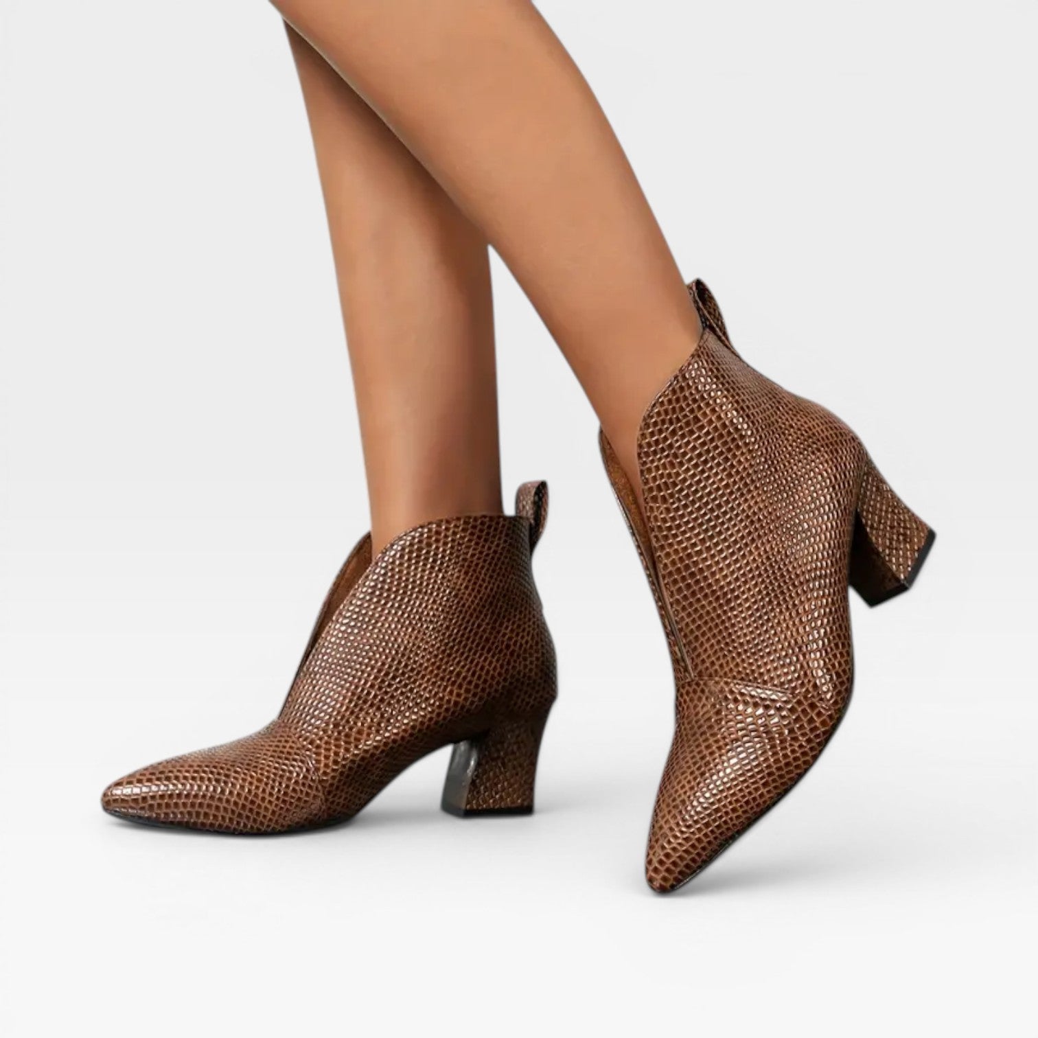 Women’s Croc Effect Ankle Boots – Elegant Pointed Toe Heeled Boots