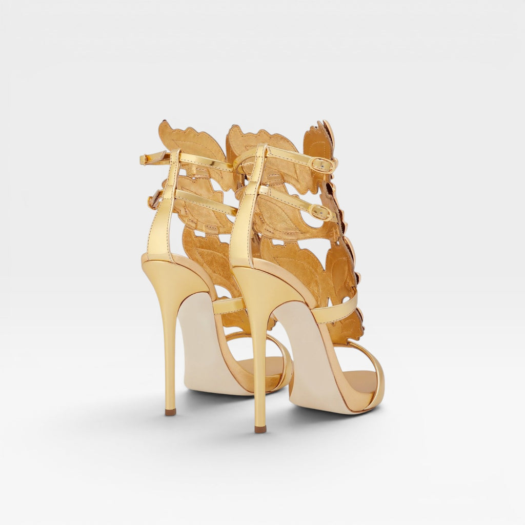 Women's Gold Sculptural Heels – Elegant Strappy Stiletto Sandals for Special Occasions