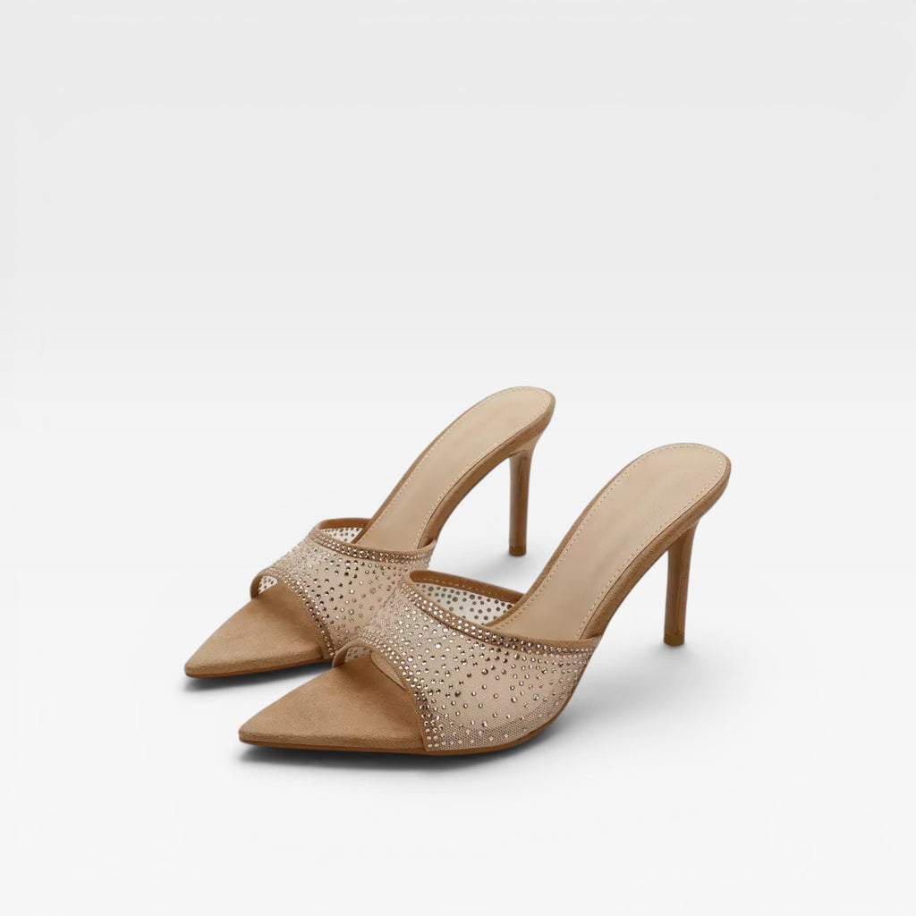 Women's Crystal Embellished Suede Heels – Elegant Pointed Toe Mule Stiletto for Party and Special Occasions