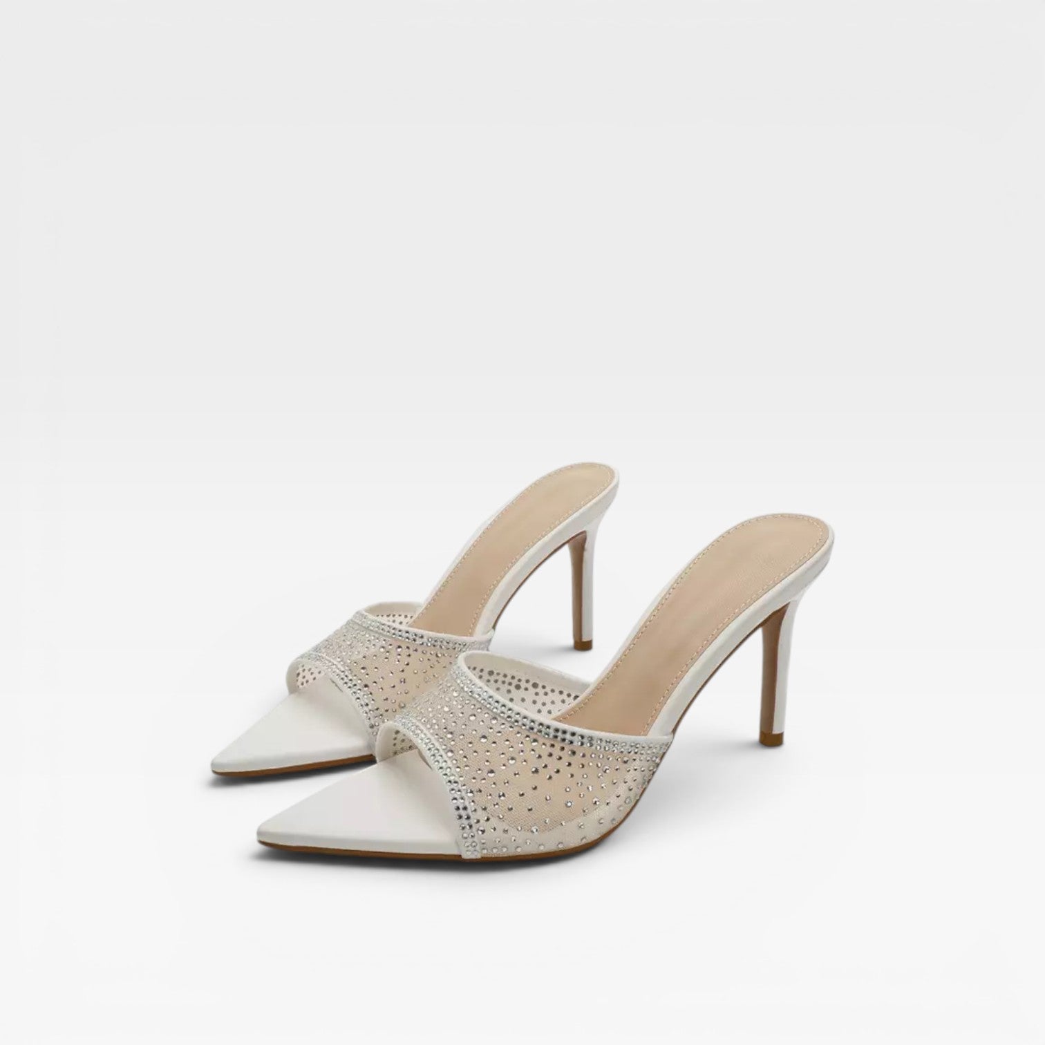 Women's Crystal Embellished Suede Heels – Elegant Pointed Toe Mule Stiletto for Party and Special Occasions