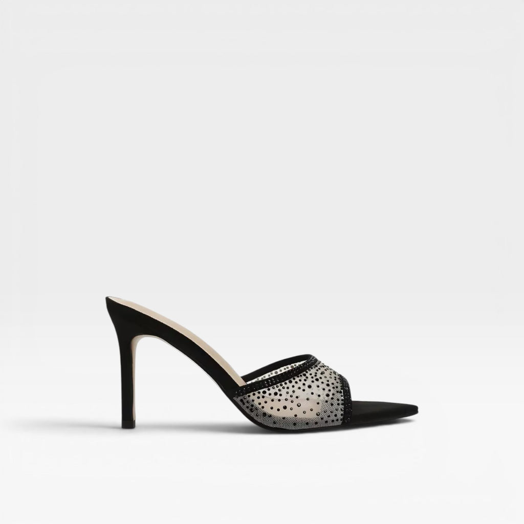 Women's Crystal Embellished Suede Heels – Elegant Pointed Toe Mule Stiletto for Party and Special Occasions