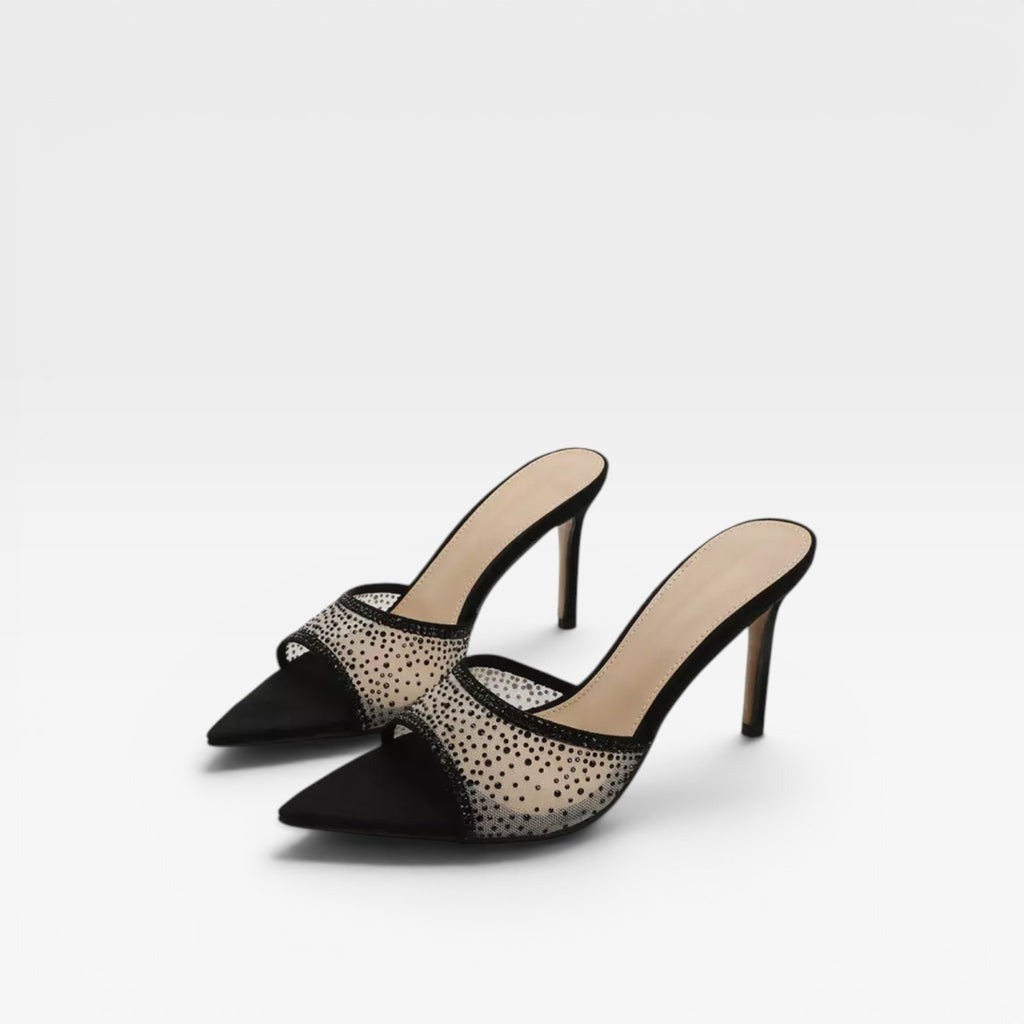 Women's Crystal Embellished Suede Heels – Elegant Pointed Toe Mule Stiletto for Party and Special Occasions