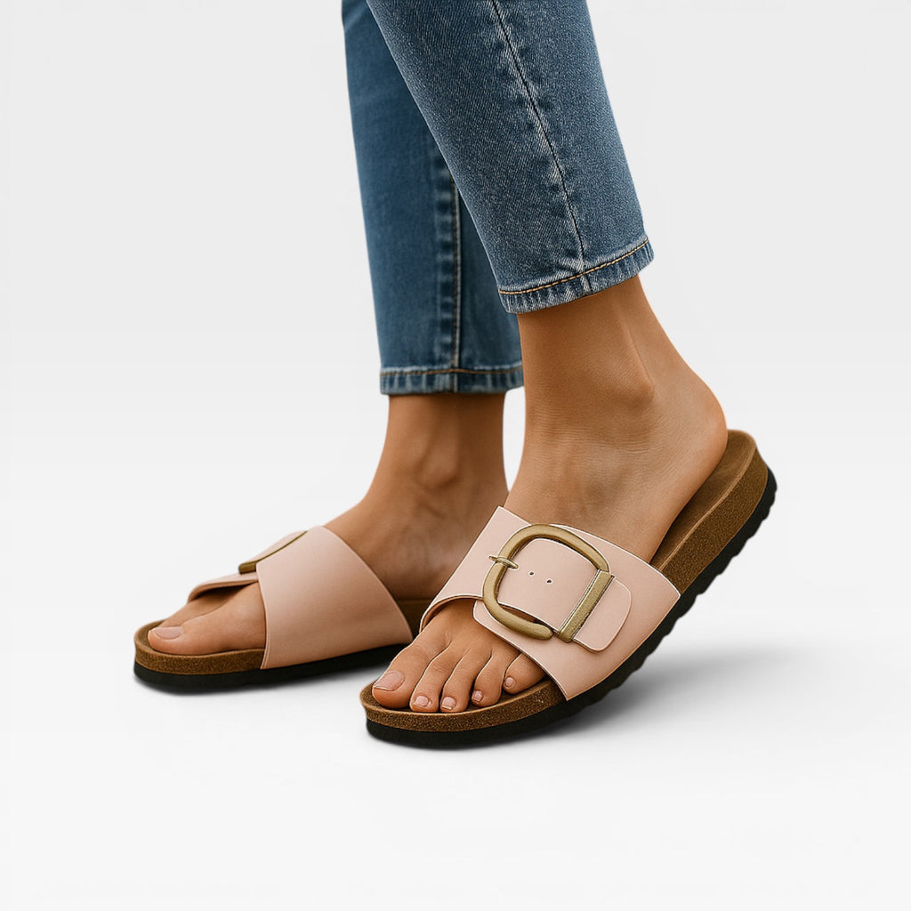 Women’s Summer Slide Sandals – Cushioned Walking Comfort with Gold Buckle