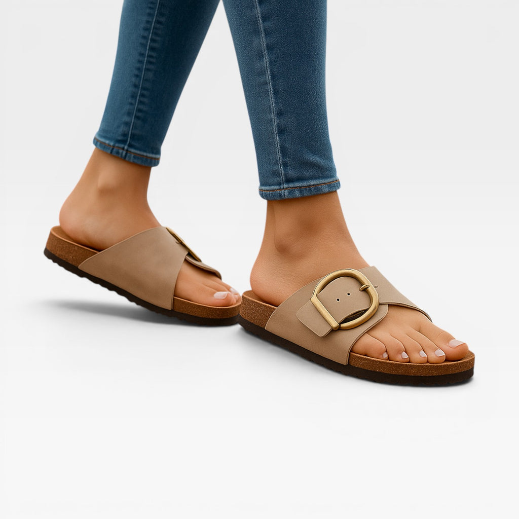 Women’s Summer Slide Sandals – Cushioned Walking Comfort with Gold Buckle