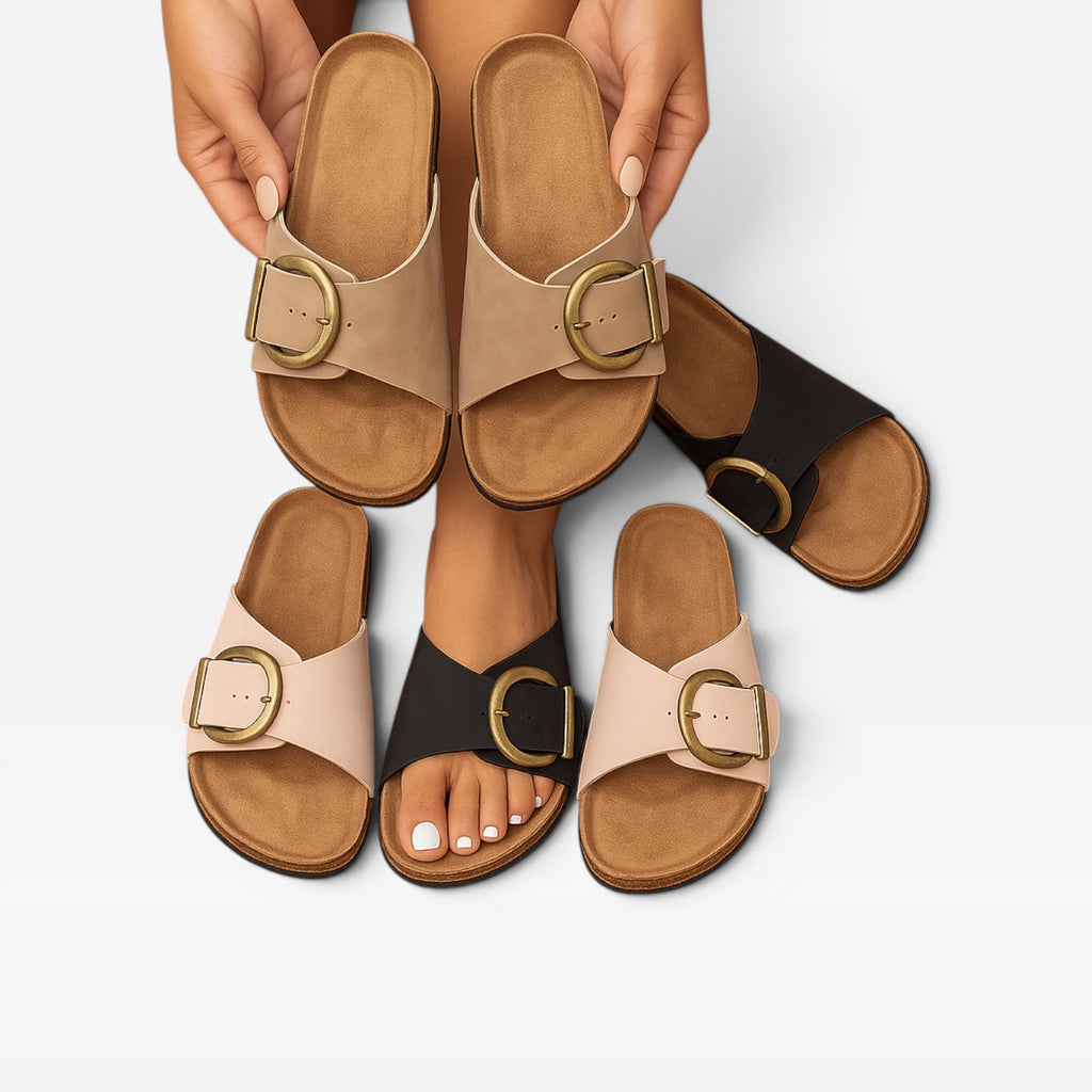 Women’s Summer Slide Sandals – Cushioned Walking Comfort with Gold Buckle