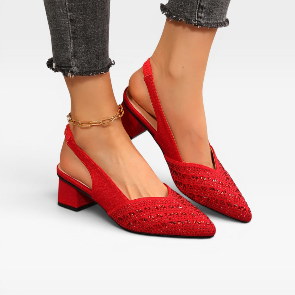 Escarpins à talons blocs avec bride arrière ornés de strass pour femmes – Chaussures de mariage étincelantes en cristal