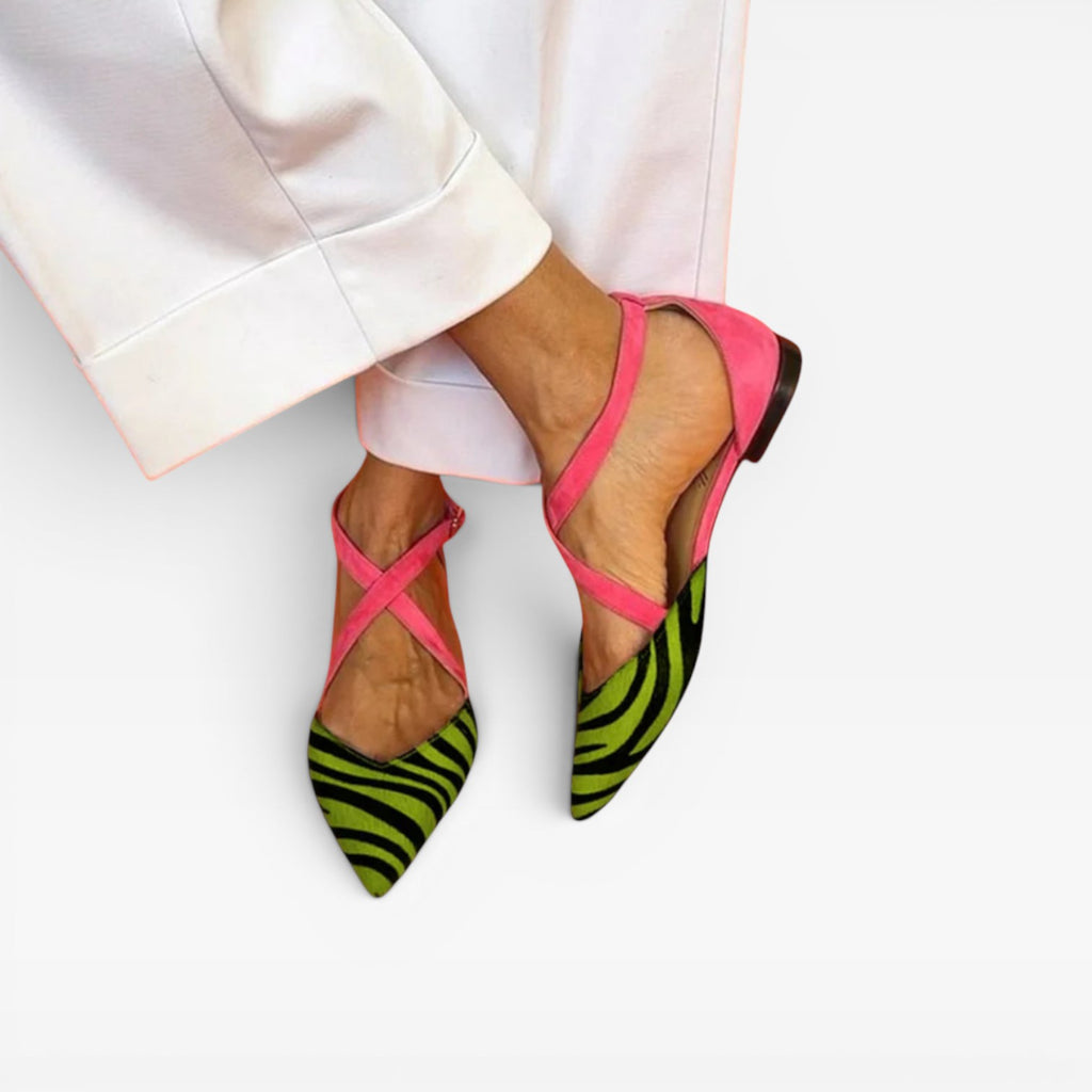 Ballerines imprimé zèbre pour femmes – Chaussures à bout pointu avec bride croisée à la cheville