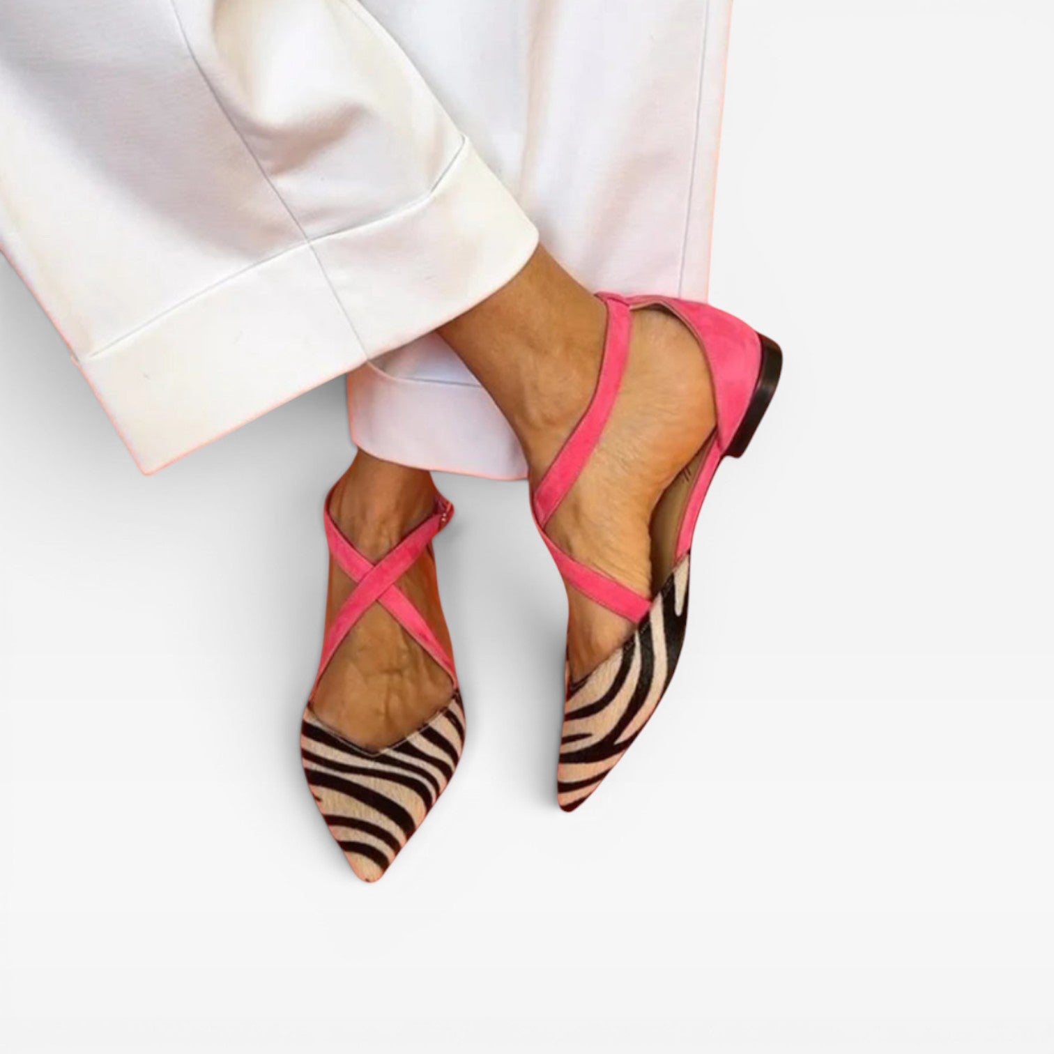 Ballerines imprimé zèbre pour femmes – Chaussures à bout pointu avec bride croisée à la cheville