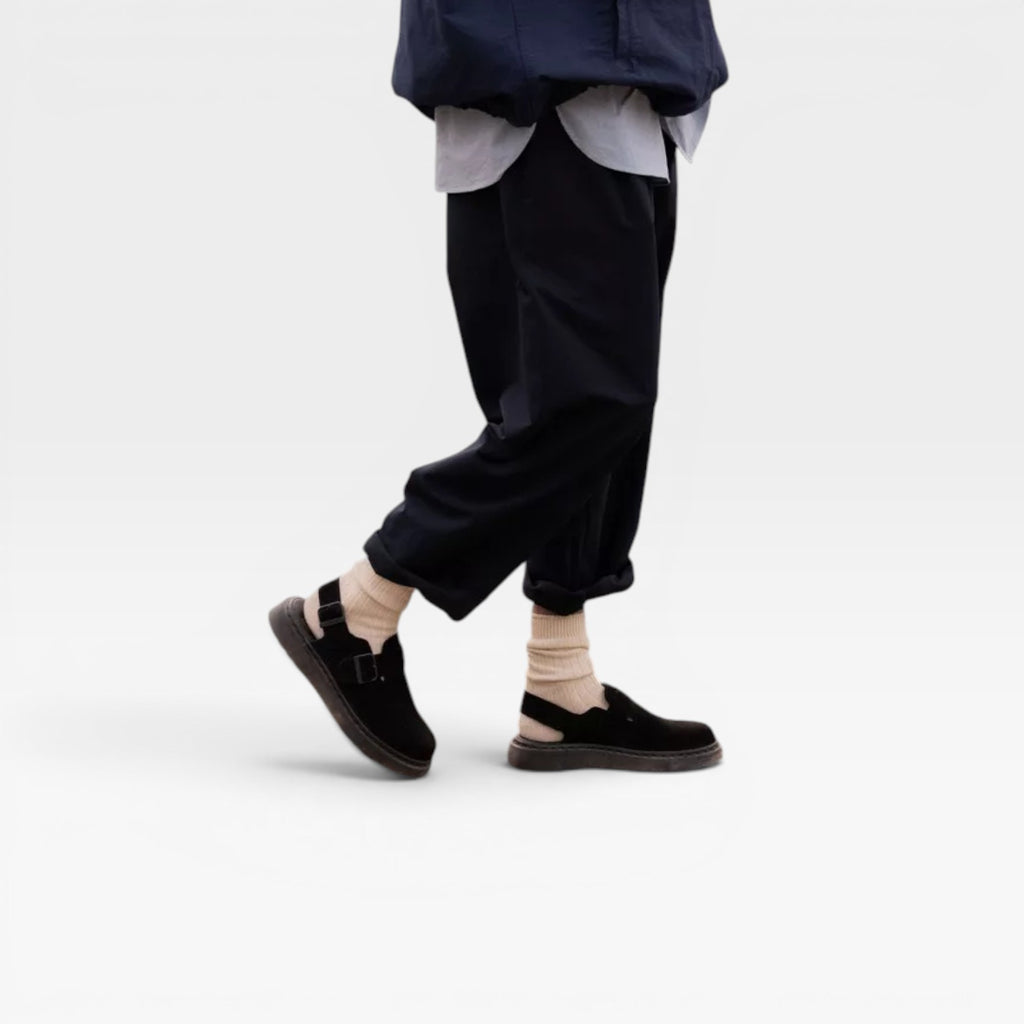 Men's Suede Double Buckle Mules – Closed Toe Comfort Clogs