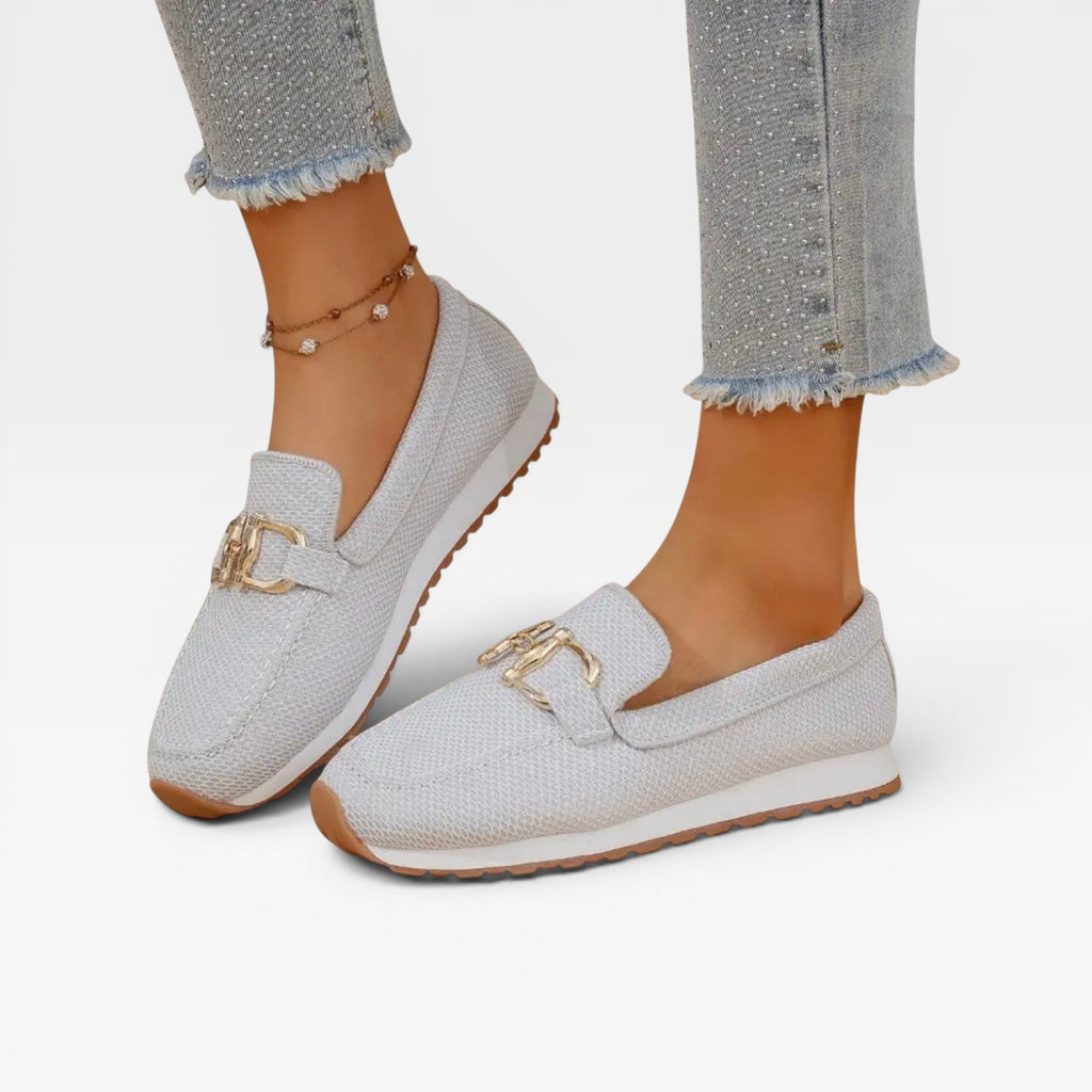 Baskets mocassins en maille pour femmes – Chaussures confort rembourrées avec boucle dorée