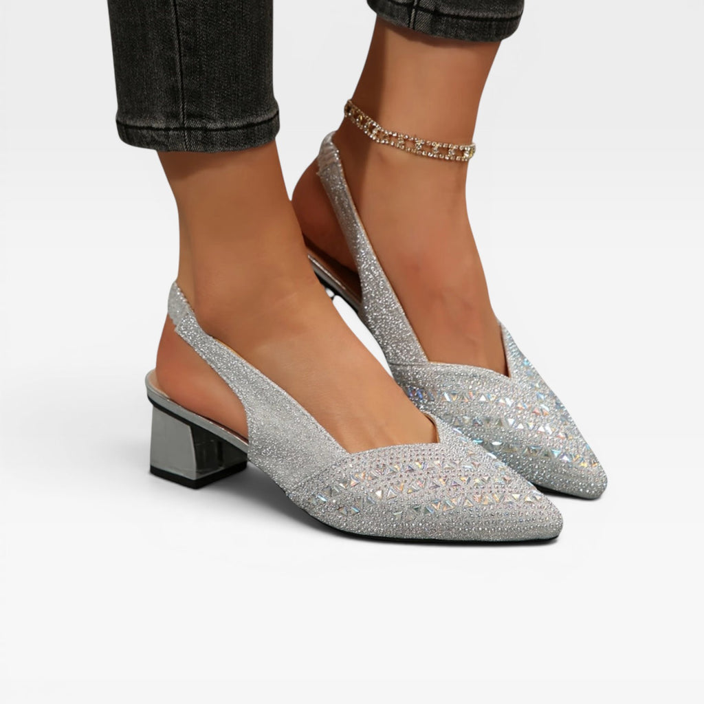 Escarpins à talons blocs avec bride arrière ornés de strass pour femmes – Chaussures de mariage étincelantes en cristal