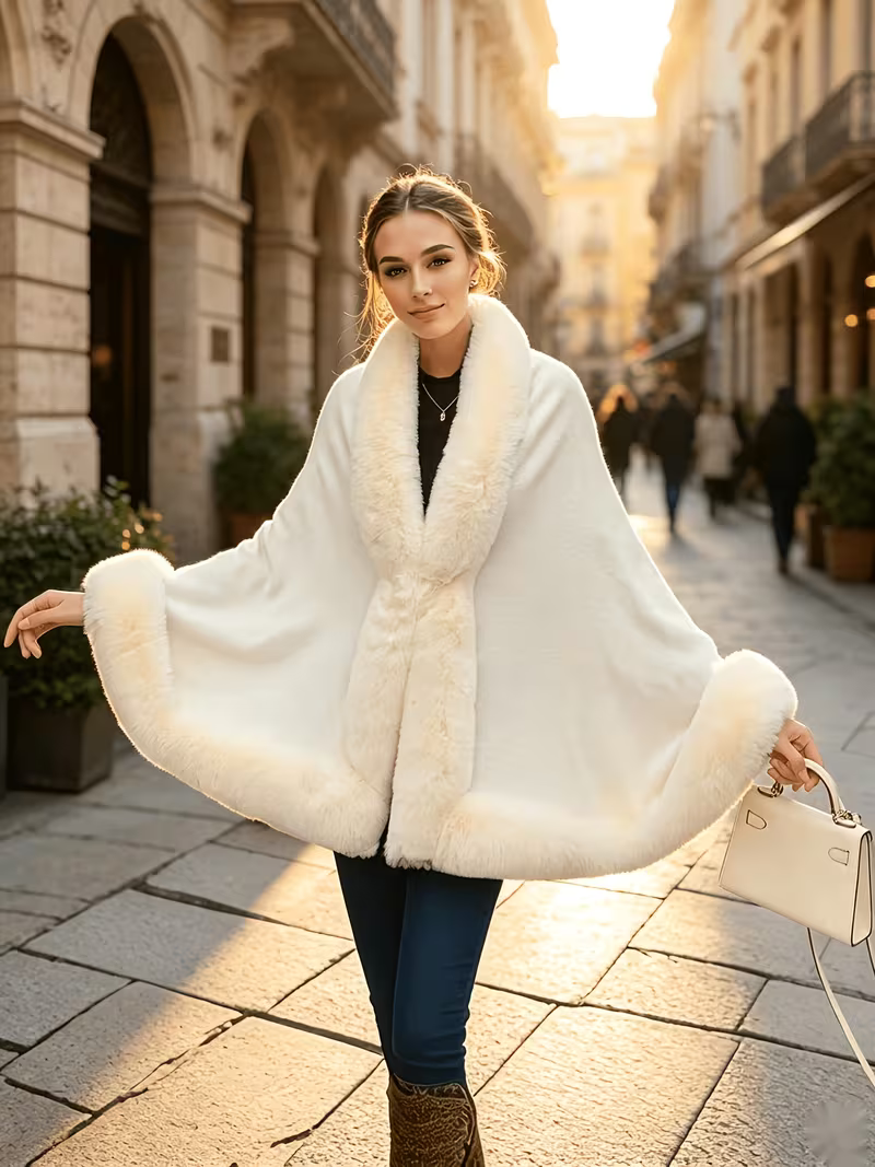 Women's Elegant Faux Fur Trim Shawl Coat