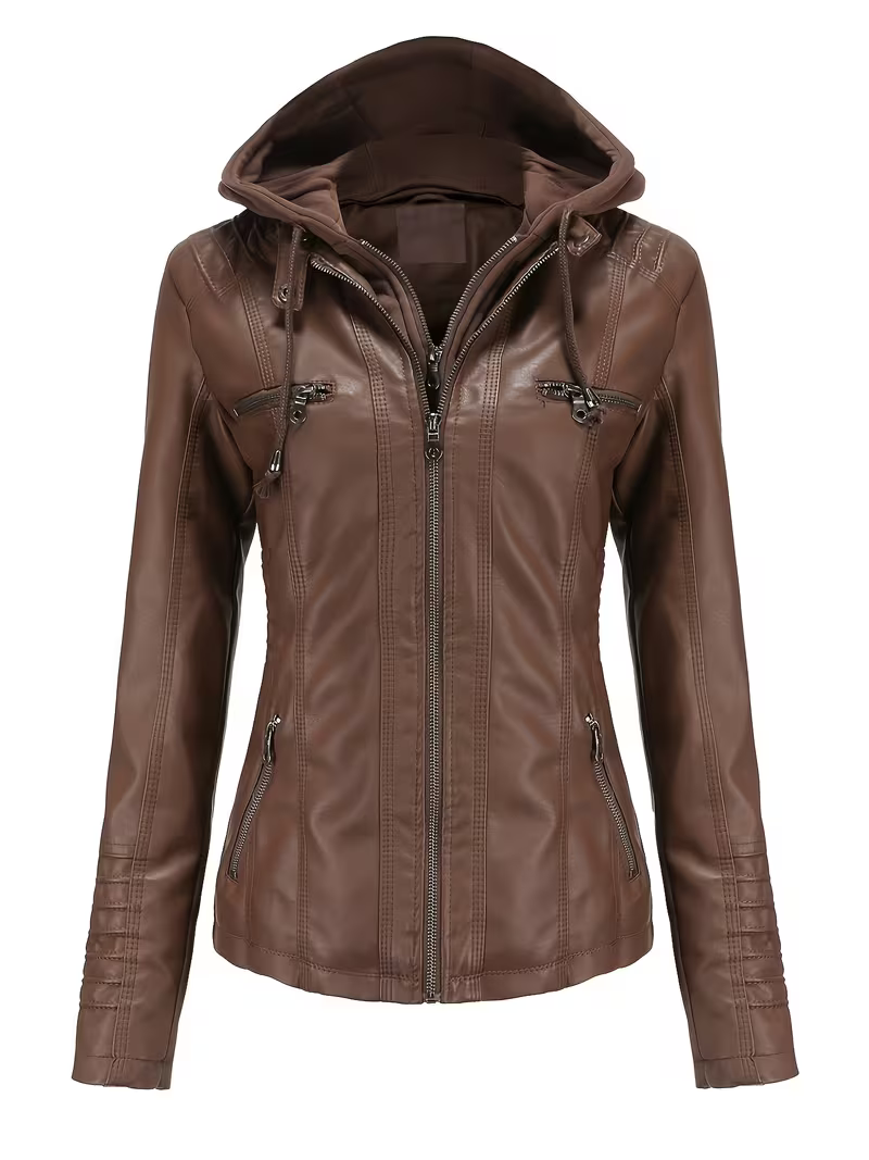 Women's Sleek Hooded Faux Leather Moto Jacket