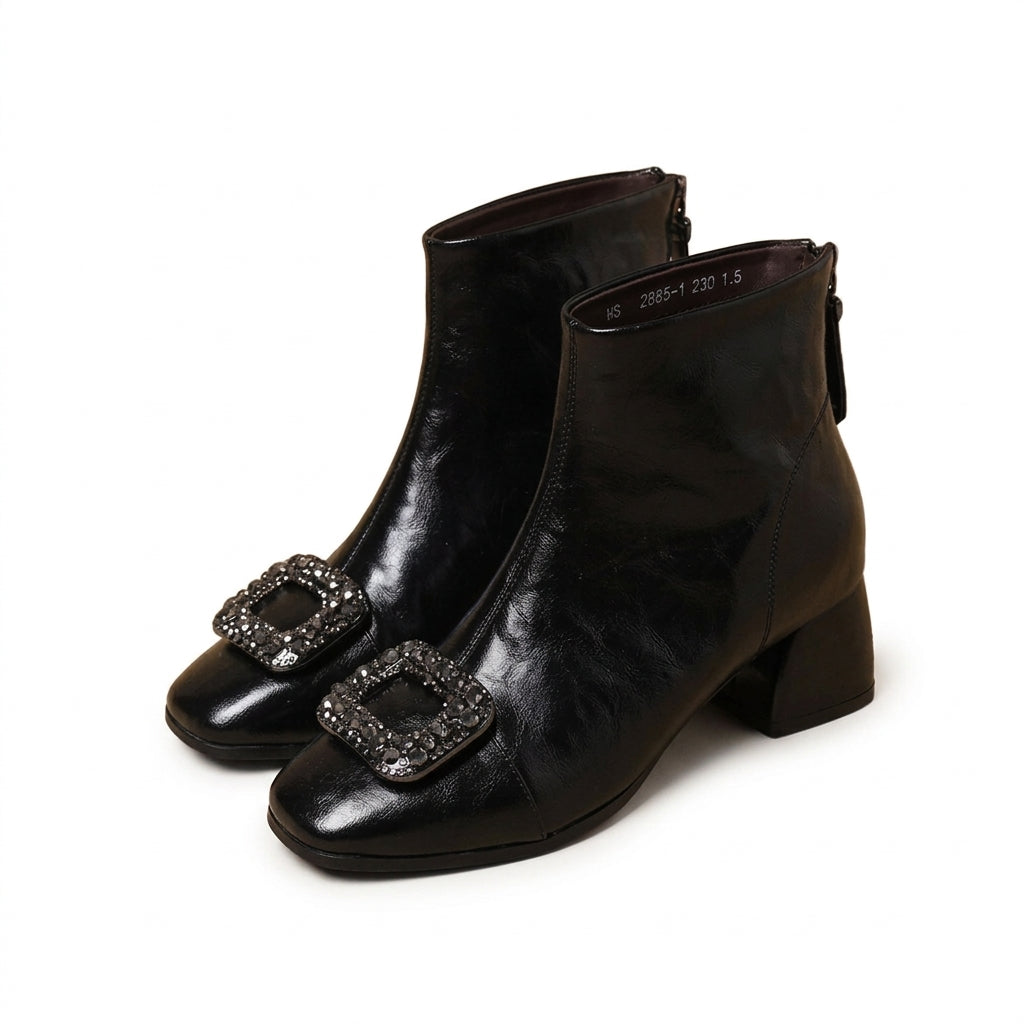 Women's Elegant Square-Toe Leather Heeled Ankle Boots