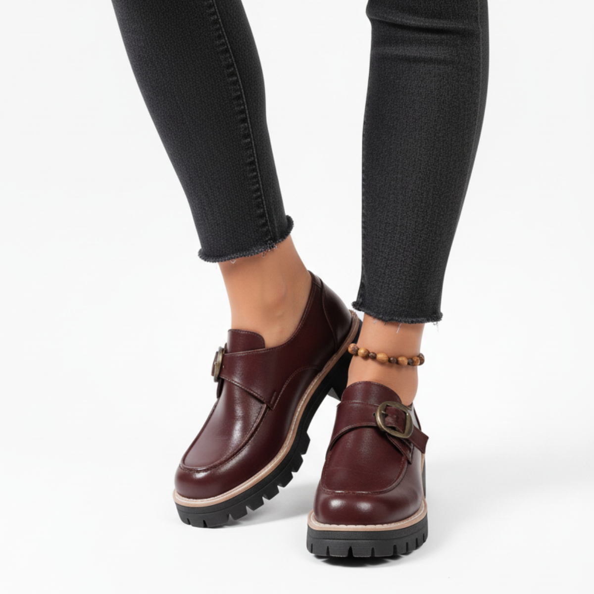 Women's Leather Monk Strap Loafers – Chunky Sole Buckle Shoes