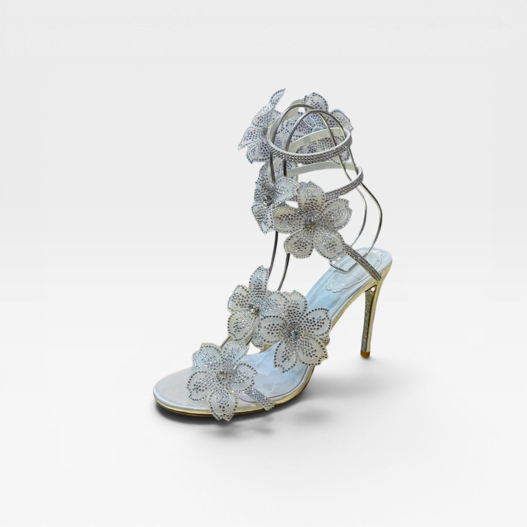 Women's Crystal Flower Heels – Elegant Orchid Wrap Around Ankle Stiletto Sandals for Special Occasions