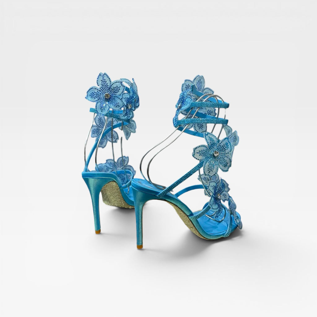 Women's Crystal Flower Heels – Elegant Orchid Wrap Around Ankle Stiletto Sandals for Special Occasions