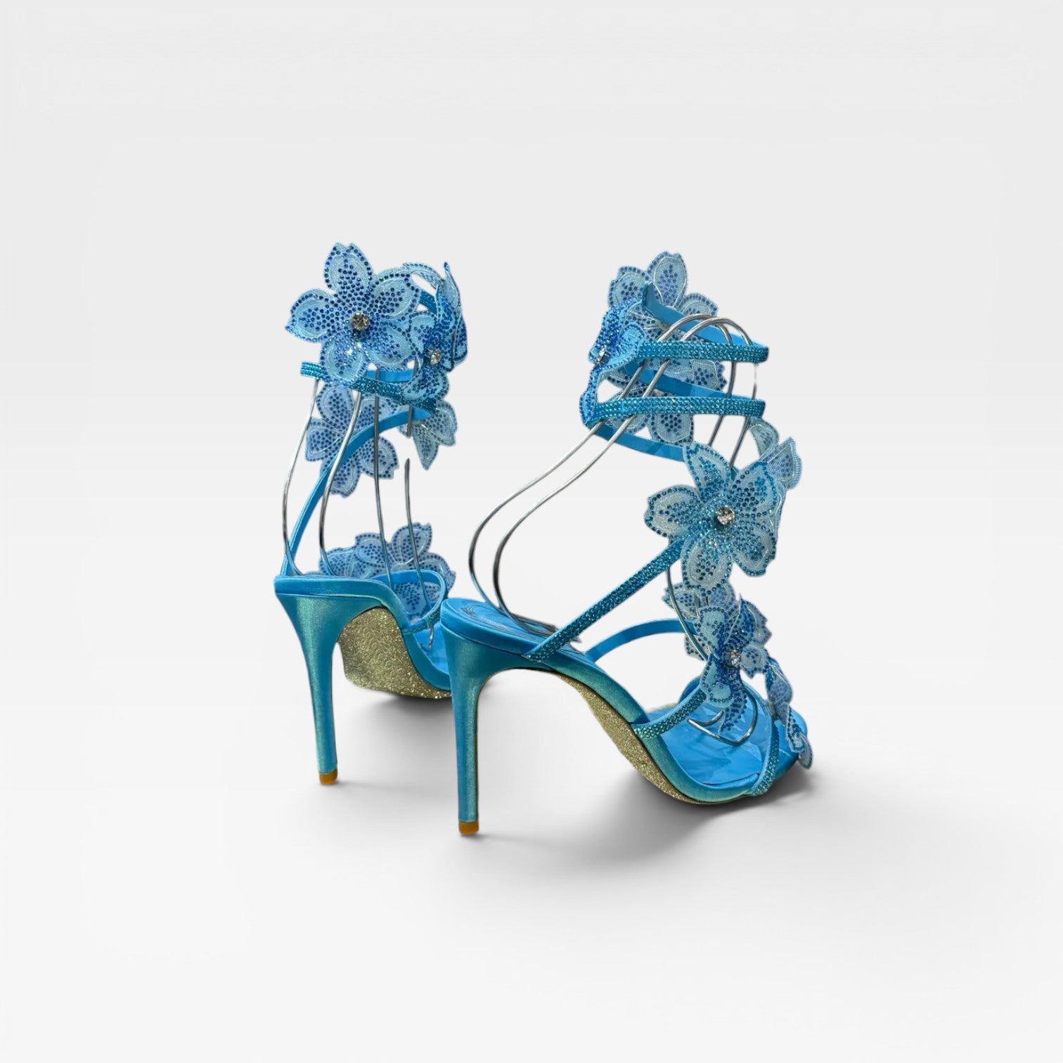 Women's Crystal Flower Heels – Elegant Orchid Wrap Around Ankle Stiletto Sandals for Special Occasions