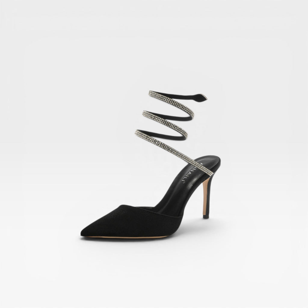 Women's Crystal Ankle Wrap Heels – Elegant Pointed Toe Satin Bridal Stiletto Pumps for Special Occasions