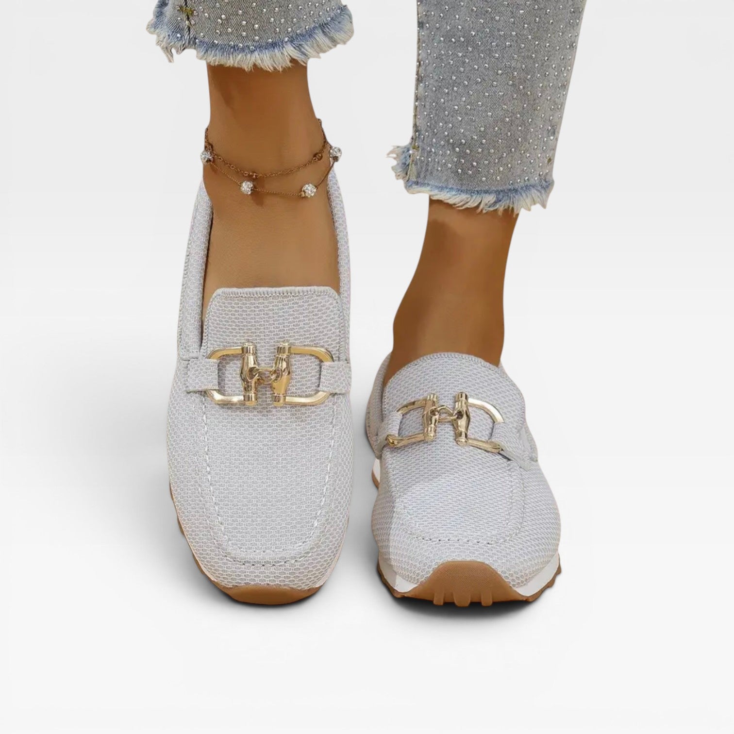Baskets mocassins en maille pour femmes – Chaussures confort rembourrées avec boucle dorée