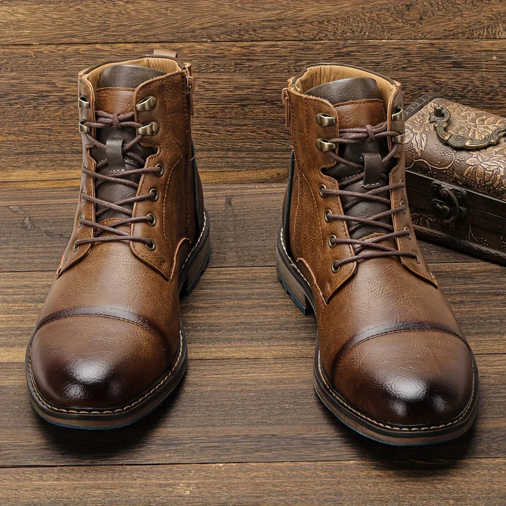 Men's Leather Cap Toe Boots – Contrast Sole Lace Up Ankle Boots