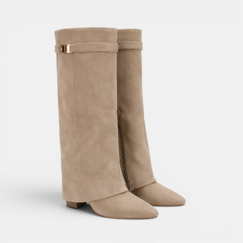 Bottes pantalons repliables pour femmes – Style élégant à bout pointu en daim avec talon bloc montant jusqu’au genou